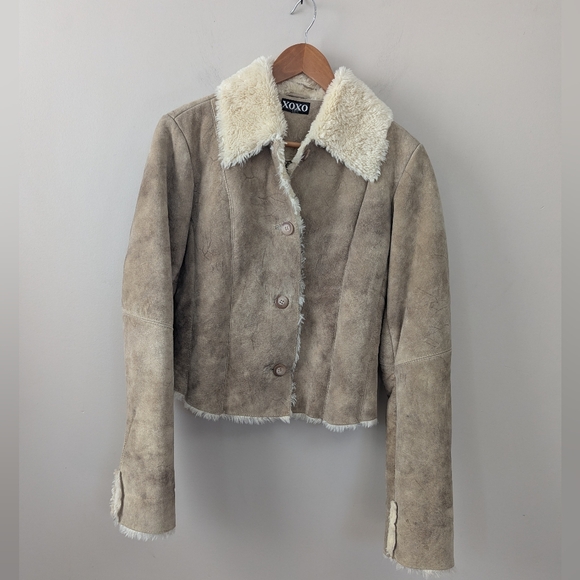 Vintage Y2K XOXO Sherpa Tan Suede Jacket Faux Fur - Picture 1 of 16